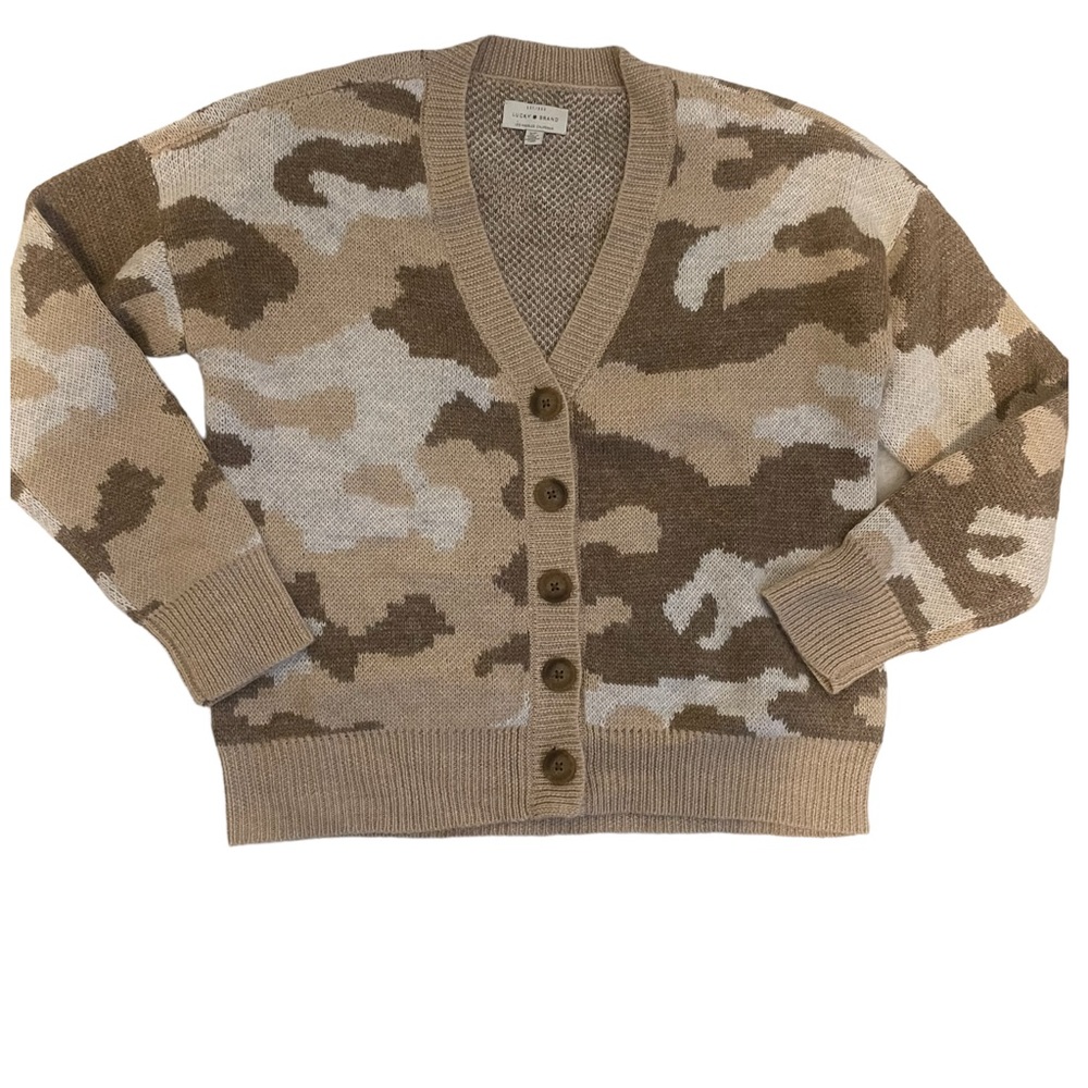 Lucky Brand Camo Wool Blend Cardigan Sweater Size S Tan